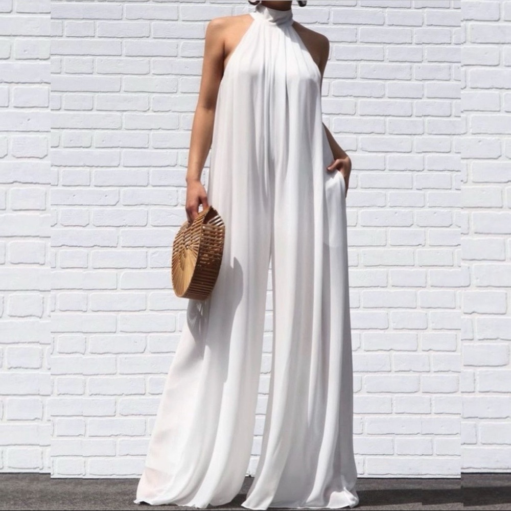 High Neck White Flowy Jumpsuit